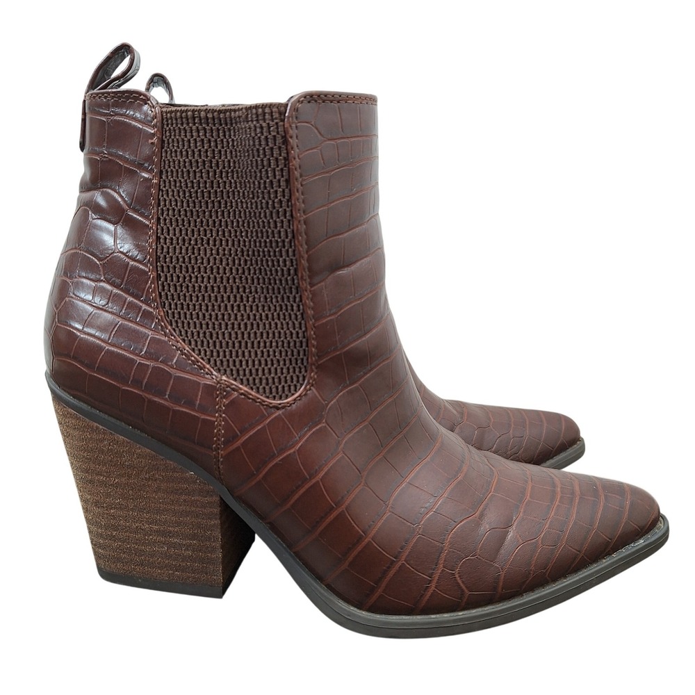 Soul Naturalizer Brown Croc Embossed Ankle Boots Block Heel Pointed Toe 7.5M